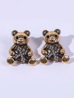 Gold-tone Teddy Bear Crystal Stud Earrings Vintage Inspired